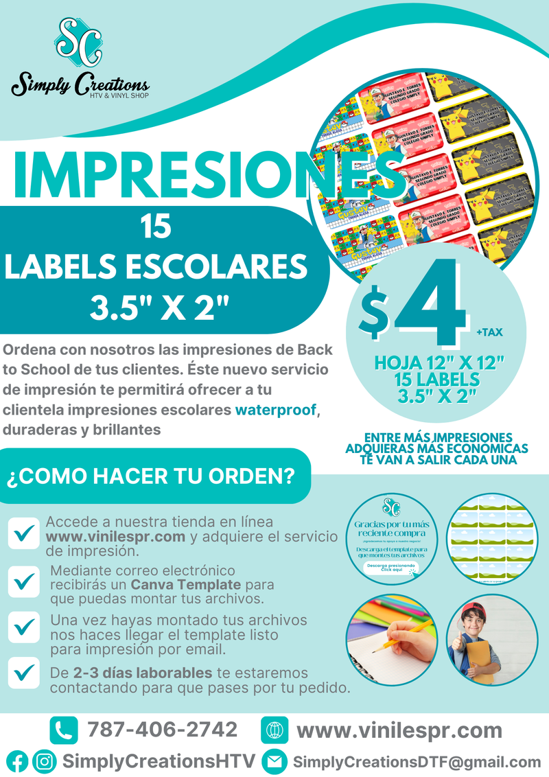 Impresión de 15 Labels Escolares 3.5" x 2"